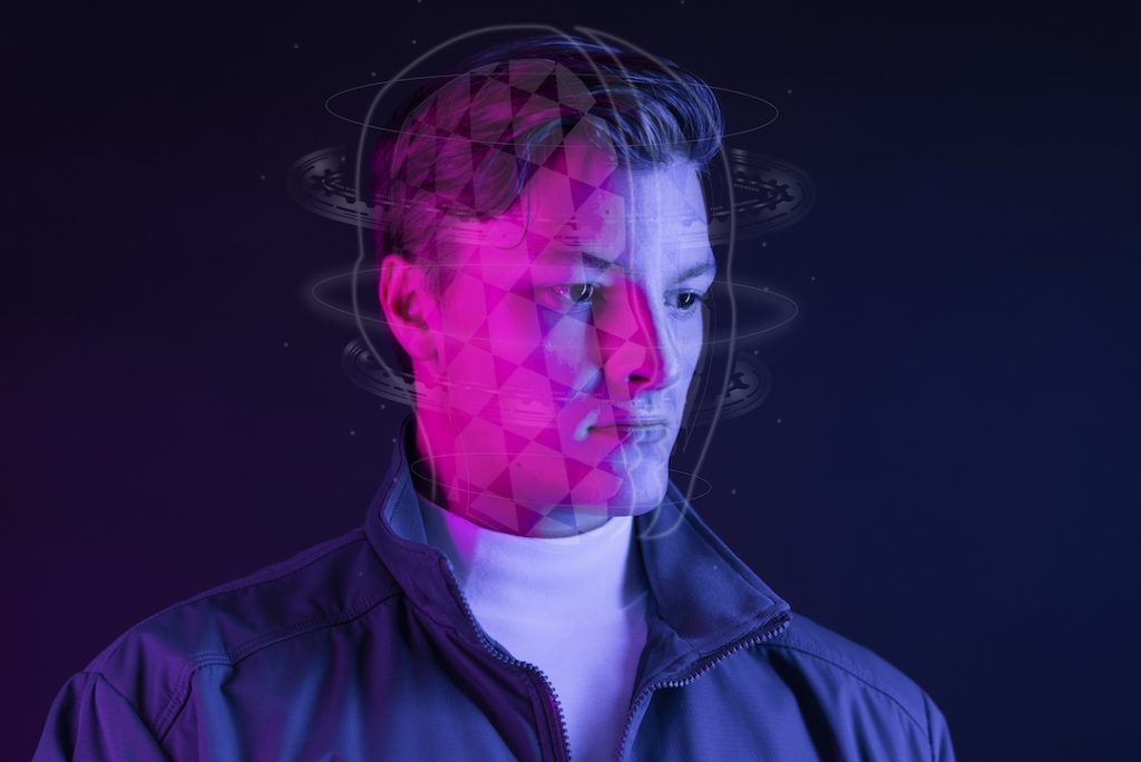 Handsome man with neon hologram glitch effect