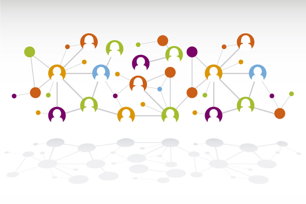 How to create and grow an online audience for your company Vector graphic of a connected web of colourful human icons depicting an online audience.