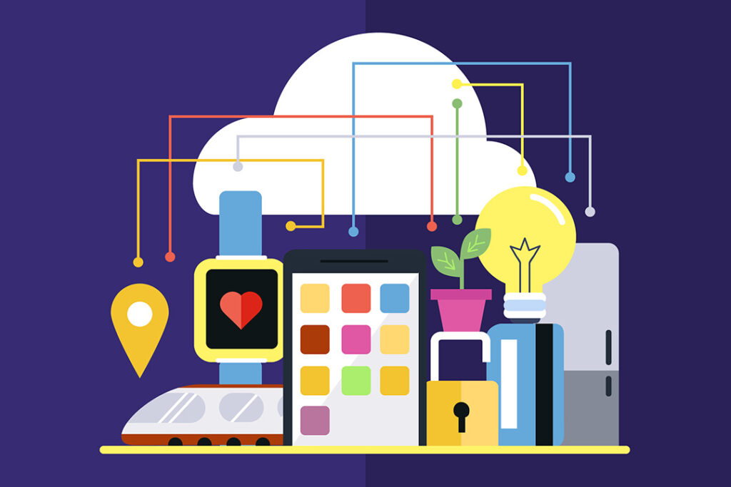 Vector graphic of an IoT connectivity network depicting digital devices connected by wires and a cloud.